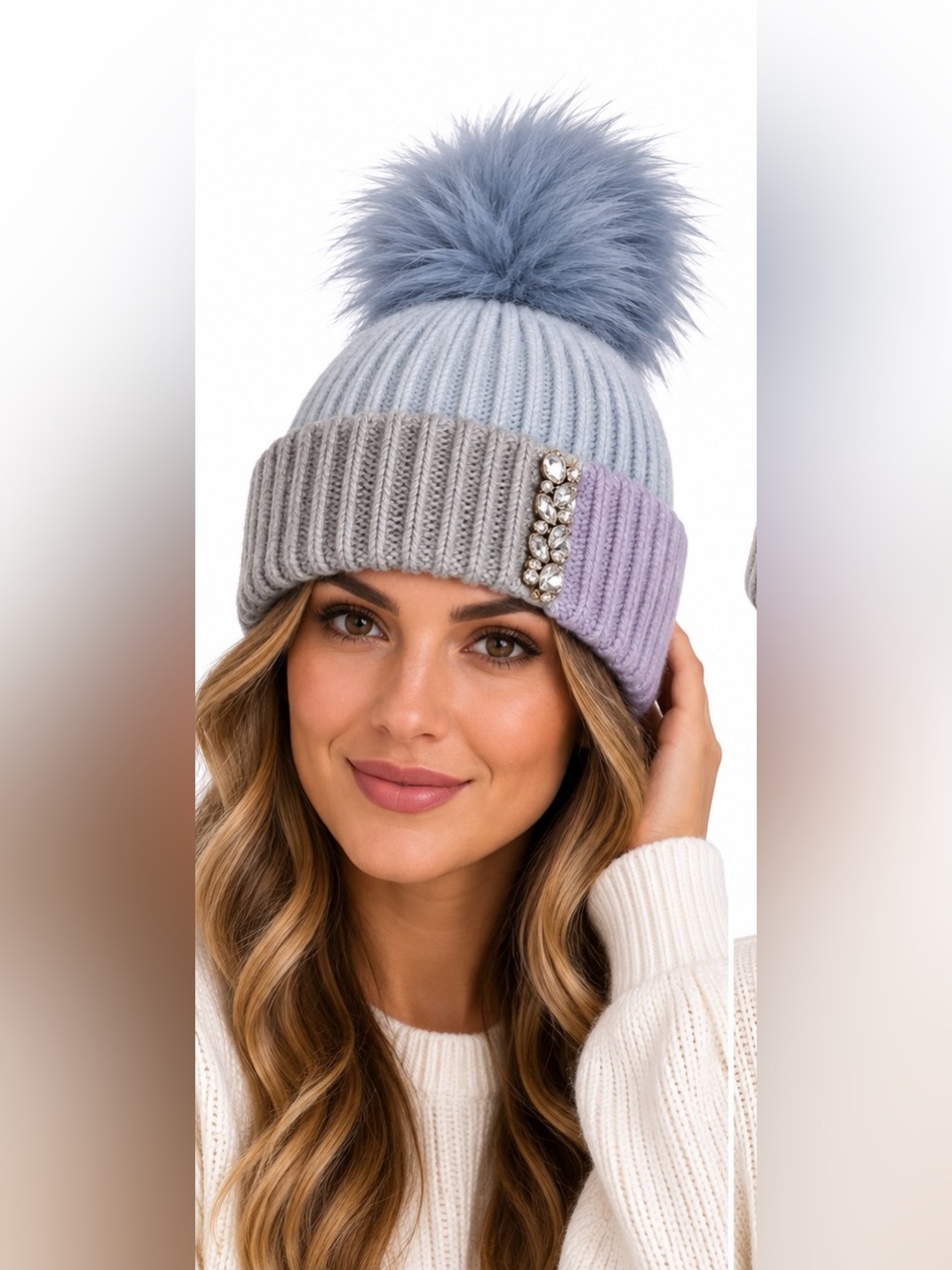 Colorblock Knit Pom Beanie in Light Blue, Gray and lilac- Brand